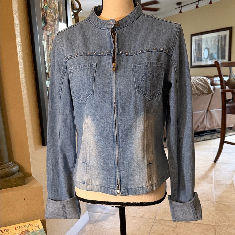 Women's Light Blue Denim Zip-Front Jacket with Stud Detail